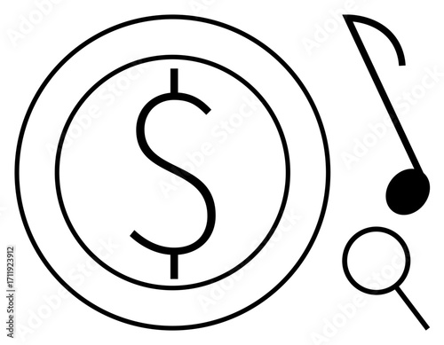 Dollar sign in circle, a music note, and magnifying glass representing finance, music industry, and search. Ideal for economy, business, entertainment, creativity discovery research advertising