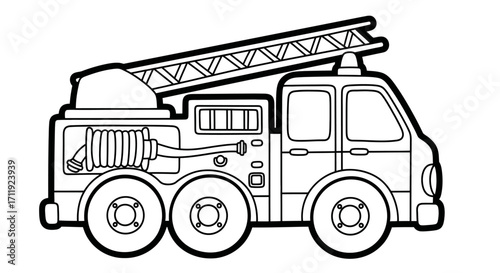 Line art illustration of a fire engine truck with a ladder, hose, and multiple wheels.