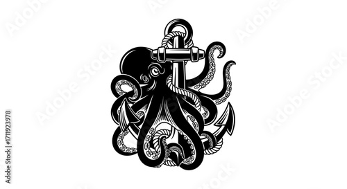 An octopus wraps its tentacles around a nautical anchor, creating a striking black and white graphic illustration.