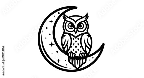 A stylized owl perched on a crescent moon, outlined in black.