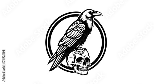 Raven perched on a skull, encircled by a decorative ring, in a graphic design style.