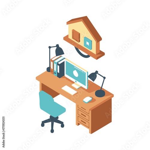 Isometric Home Office Setup with Desk, Computer, and Birdhouse.