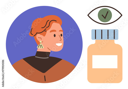 Confident woman profile with unique earrings beside a medicine bottle and approval check in eye outline. Ideal for health, wellness, medication, self-care, trust, modern style, simple flat metaphor