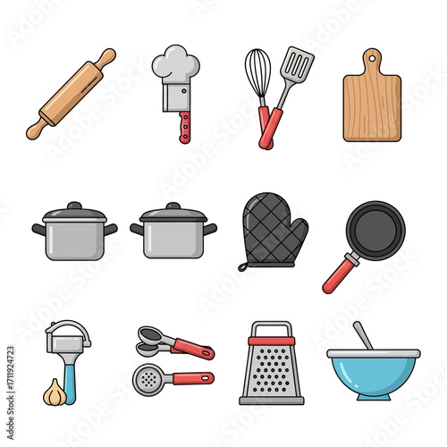 Kitchen Utensils and Cooking Tools Illustration Set.