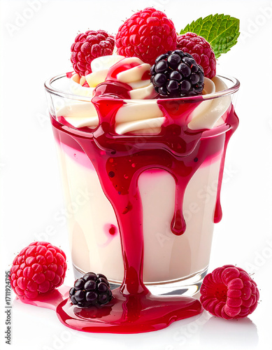 Swirling cream with raspberry sauce and berries into panna cotta dessert, isolated on white background
