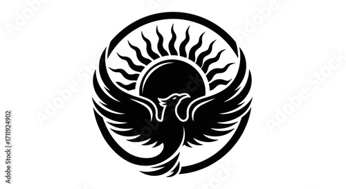 Stylized black and white phoenix graphic design, circular sunburst background.