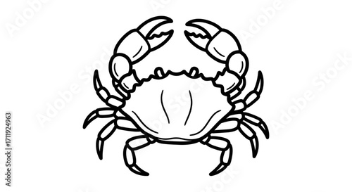 Simple line drawing of a crab, viewed from above, showcasing its claws and legs.