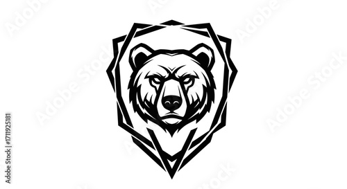 A stylized black and white illustration of a bear's head within a geometric shield.