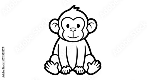 Simple black and white illustration of a seated monkey.