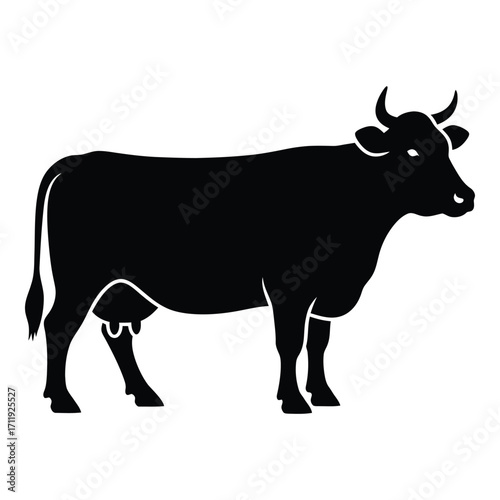 Black silhouette of a dairy cow standing side profile facing right detailed farm animal silhouette