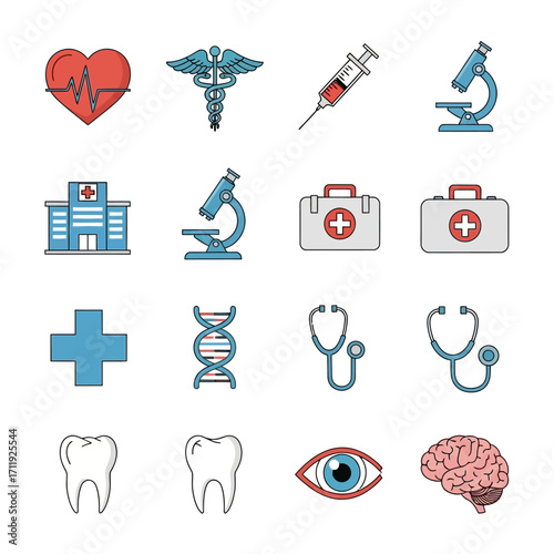 Medical Icons Set - Heart, Caduceus, Syringe, Microscope, Hospital, First Aid Kit.