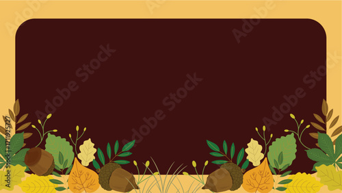 Autumn leaves and harvest border background with chestnuts and seasonal foliage framing a dark red center space for text and letters, festive vector template.