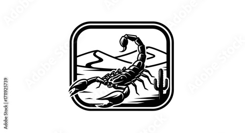 A stylized scorpion in a desert landscape, framed by a square border.