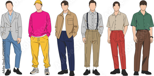 Stylized Male Fashion Outfits – Diverse Clothing Styles, Modern Menswear, Casual to Formal Looks, Trendy Wardrobe Concepts, Vector Illustration Art