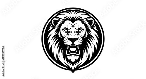 Black and white graphic design of a roaring lion's head, centered in a circle.