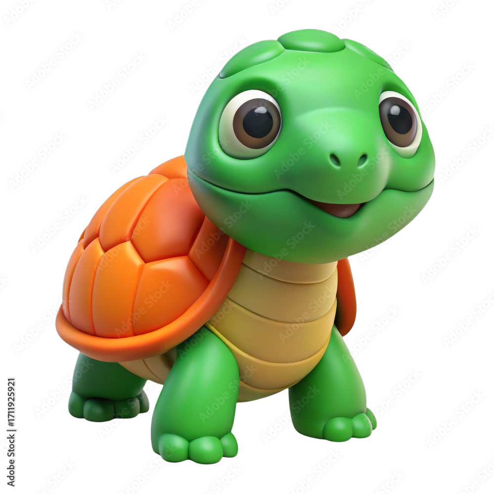 Fototapeta premium Charming cartoon toy turtle green orange shell isolated on a transparent background image