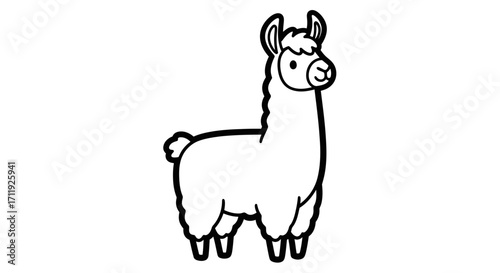 A simple black and white illustration of a standing llama, facing left.