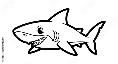 Cartoon shark illustration with a toothy grin, depicted in a black and white outline style.