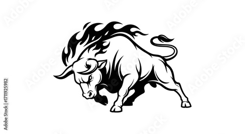 Illustration of a charging bull with flames emanating from its back, depicted in a black and white vector style.