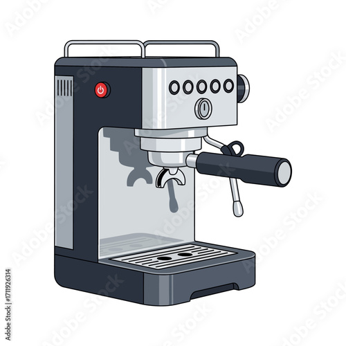 Illustration of a modern espresso machine in shades of gray and silver, featuring a portafilter, buttons, and a drip tray.