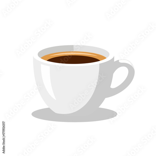A simple classic white ceramic coffee cup filled with hot black coffee or espresso, isolated on a clean white background as a vector illustration