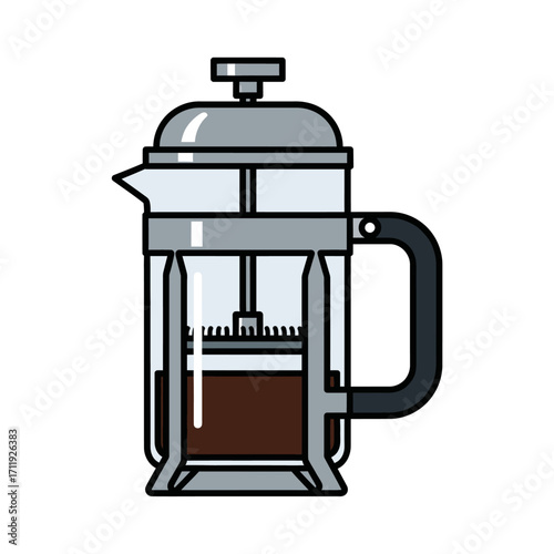 Illustration of a French press coffee maker with dark coffee inside, featuring a glass body, metal lid, and black handle.