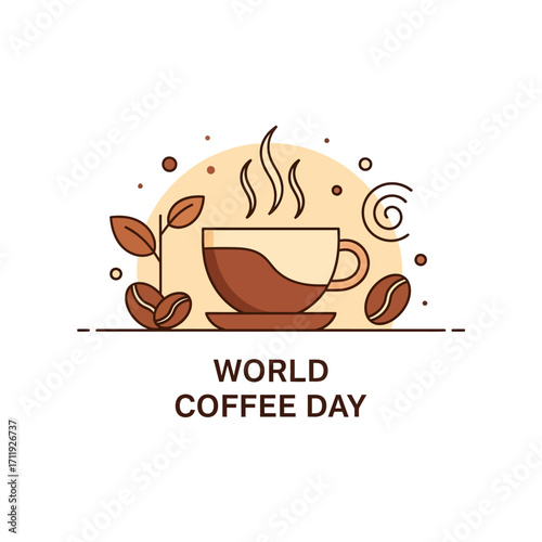 Illustration for World Coffee Day featuring a steaming cup of coffee, coffee beans, and stylized foliage against a light background.