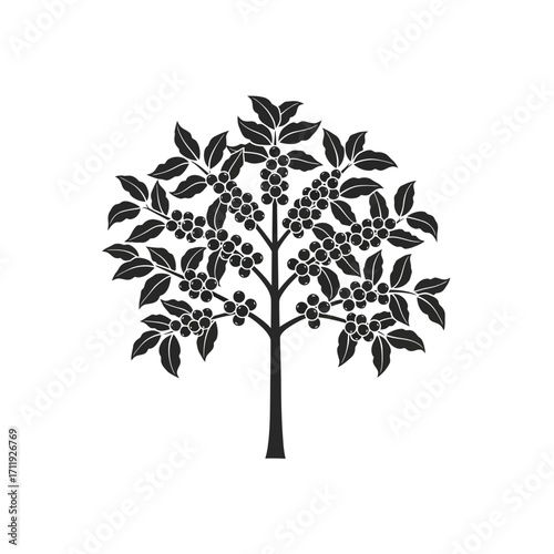 Simple monochrome illustration of a coffee tree with ripe coffee cherries, representing organic growth and natural bounty