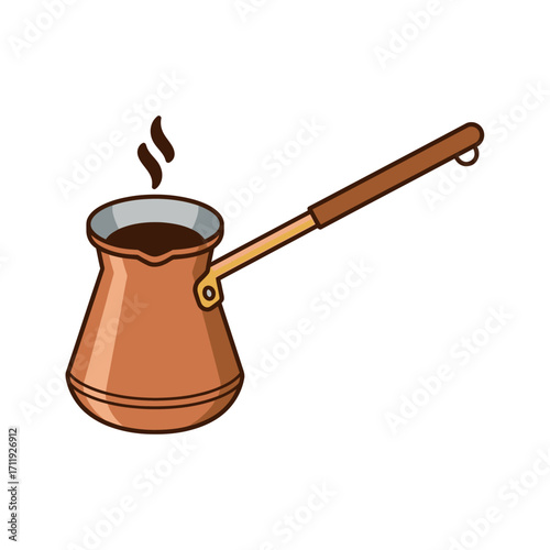 Illustration of a copper cezve with hot coffee steaming, featuring a long handle and simple design.