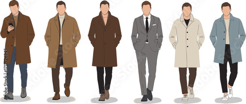 Stylized Male Overcoat Fashion – Casual to Formal Looks, Modern Menswear, Seasonal Wardrobe Variety, Trendy Outerwear Vector Illustration Art