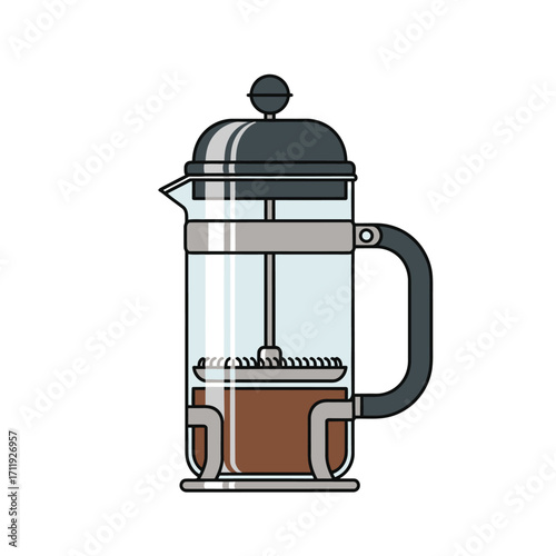 Illustration of a French press coffee maker containing brewed coffee, isolated on a white background.