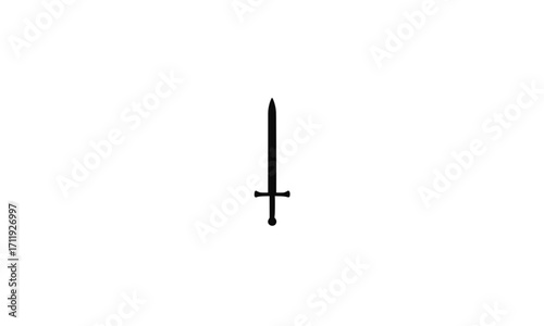 A minimalist black silhouette of a medieval sword with a straight blade and crossguard on a plain white background.