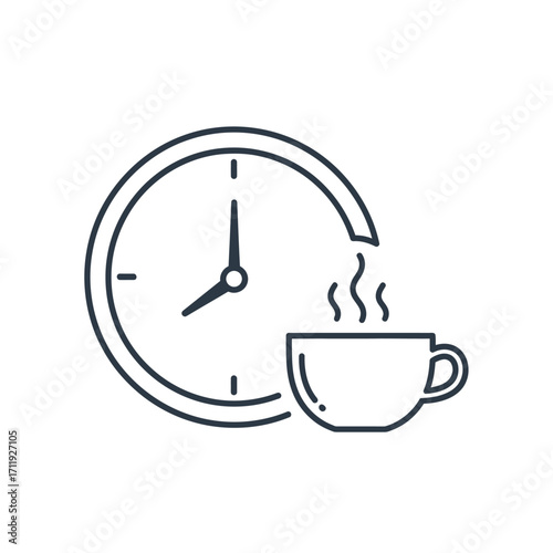 Iconic representation of a timely coffee break, symbolizing refreshment, productivity, and a moment to pause during a busy schedule, captured as a clean vector graphic
