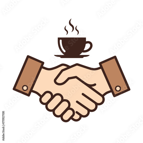 Illustration of a handshake with a steaming coffee cup above, symbolizing a business deal over coffee.