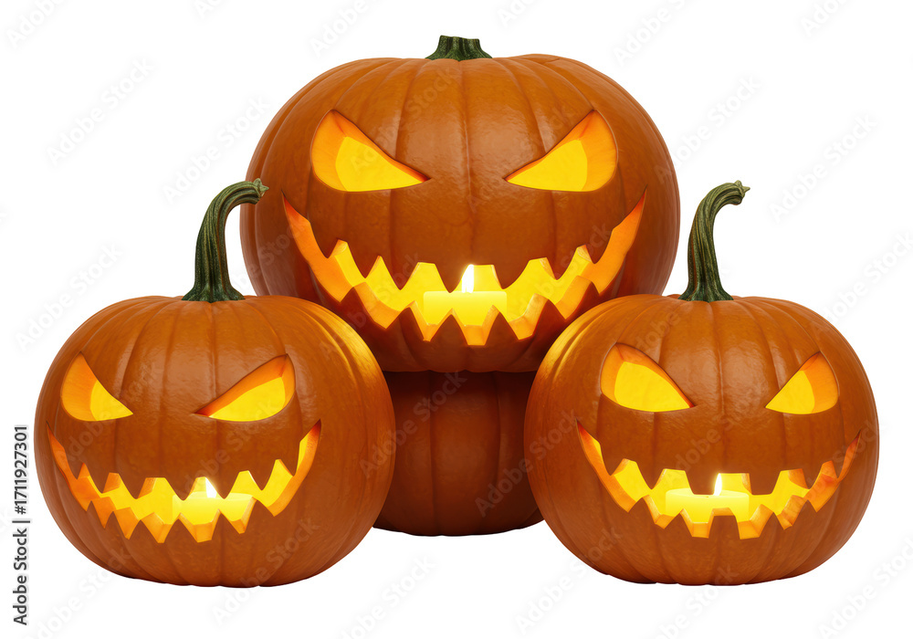 Fototapeta premium Isolated Halloween jack o' lanterns, scary pumpkin face, holiday decoration, spooky, autumn