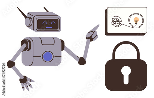 Friendly robot pointing at idea board with tangled line and lightbulb, next to a large padlock. Ideal for AI, innovation, security, creativity, problem-solving, education and technology. Simple flat