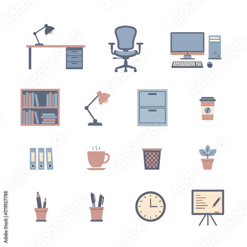 Office Essentials - Desk, Chair, Computer, and More in Vector Illustration.