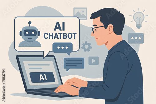 AI Chatbot Illustration: This captivating illustration presents a person deeply engaged with an AI chatbot on a laptop, illuminated by a lightbulb symbolizing innovation and ingenuity.