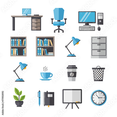 Office Furniture and Supplies Vector Illustration Set for Workplace Design.