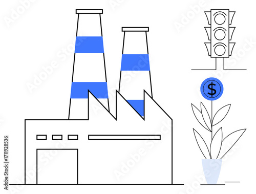 Factory building with smokestacks, traffic stoplight on green, growth plant with dollar sign leaf. Ideal for sustainability, business growth, industry, environment, eco-economy, production profit