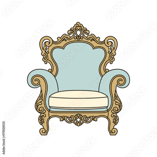 Ornate Armchair with Intricate Gold Detailing and Light Blue Upholstery.