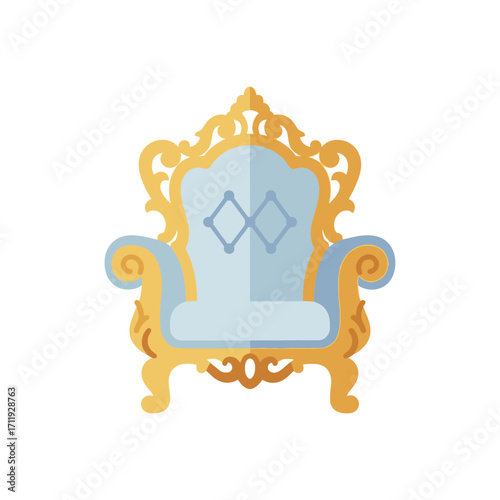 Ornate Golden Throne with Light Blue Cushion and Diamond Pattern.