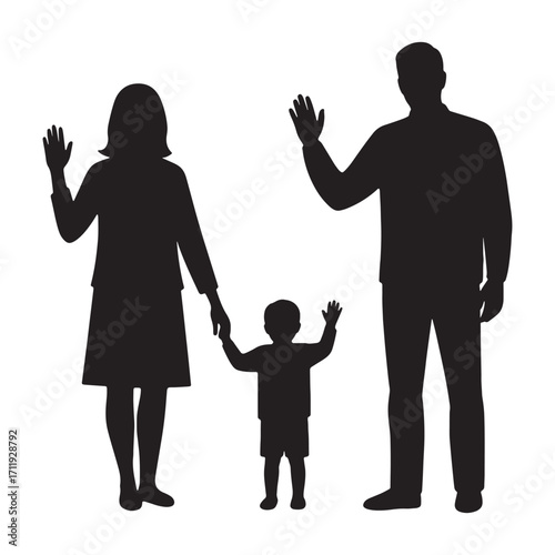 Silhouette of a happy family waving hello, mother, father, and child