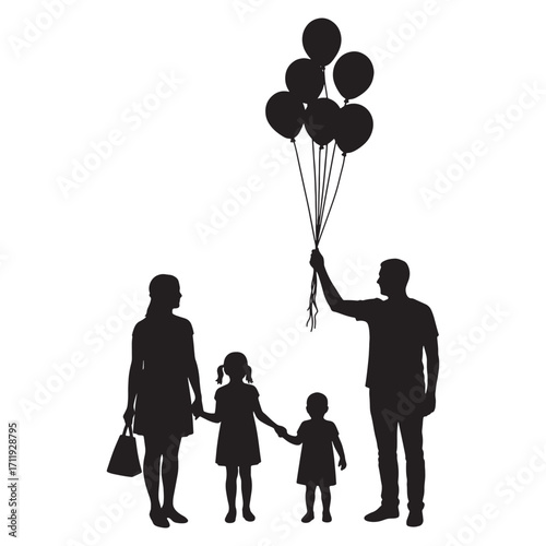 A family silhouette holding a bouquet of balloons, representing joy and celebration