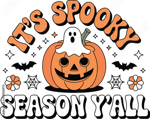 Happy Halloween pumpkin with ghost, bats, and spooky season vibes