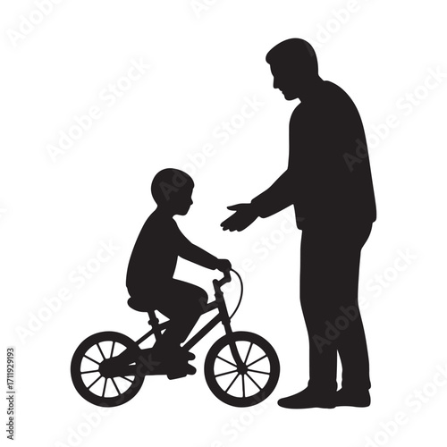 Father teaching his son to ride a bicycle, a silhouette illustration of family bonding and outdoor activity