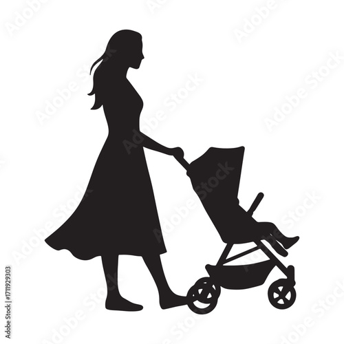 Silhouette of a mother pushing a baby stroller, a symbol of family, parenthood, and childcare