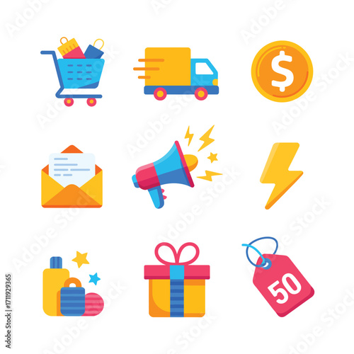 Set of e commerce and shopping icons with delivery and sale elements