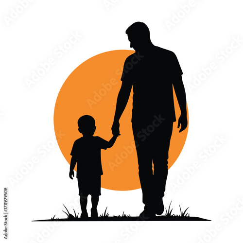 Silhouette of father and son walking hand-in-hand with a sun setting behind them