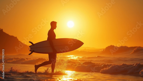 A silhouette of a surfer carrying a surfboard, walking toward the waves as the sun sets in the background. The golden sky reflects on the water, creating a stunning contrast. 